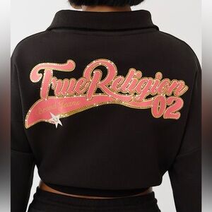 NWT True Religion Women's szXL Black Bling Varsity Half-Zip Sweatshirt…